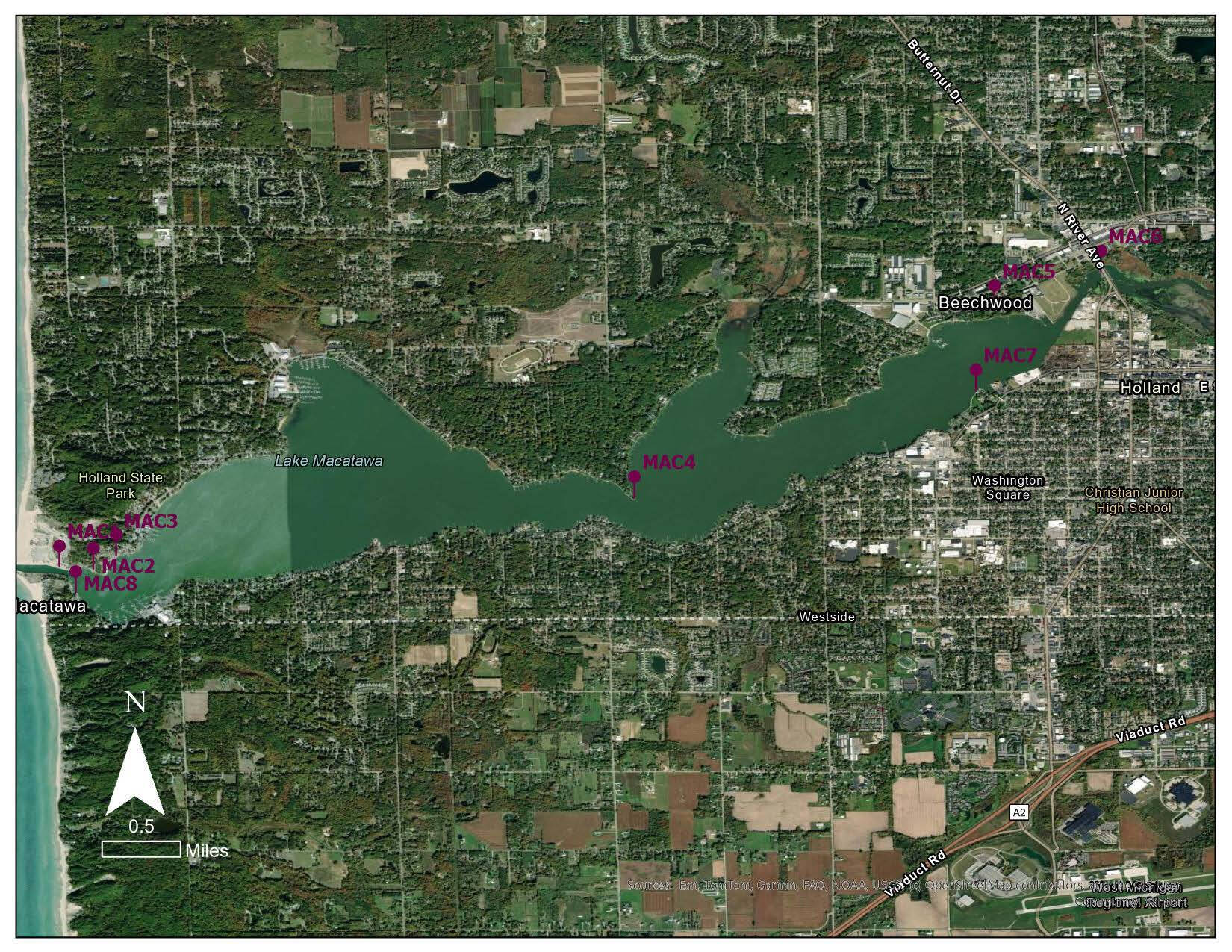 Lake Macatawa survey sites on an aerial map of the lake.